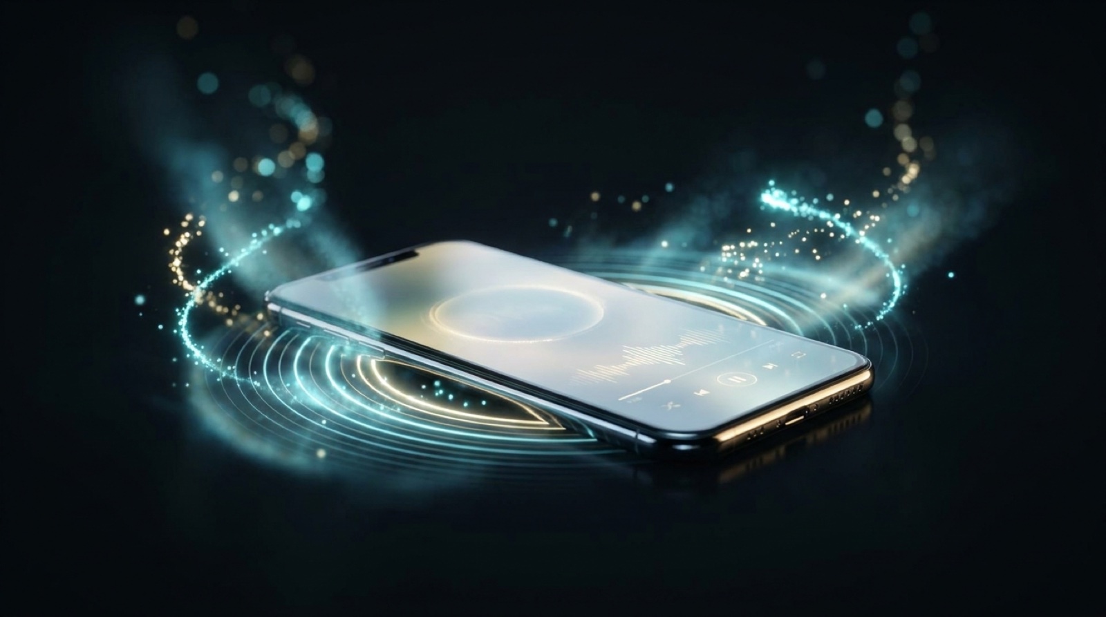 A phone answering a call, sound waves radiating
