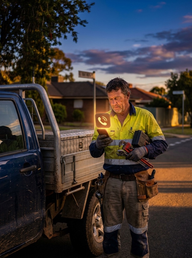 Tradesman beside his ute at dusk, phone lighting up
