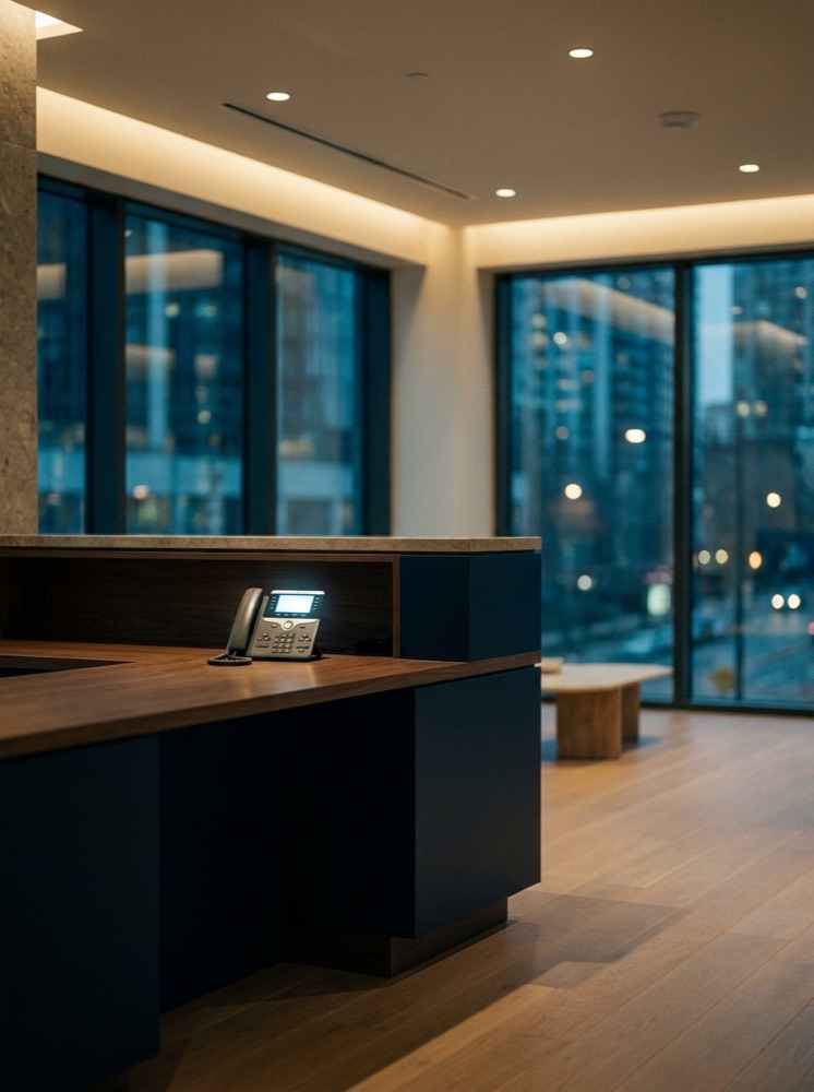 Clinic reception desk after hours, phone ringing