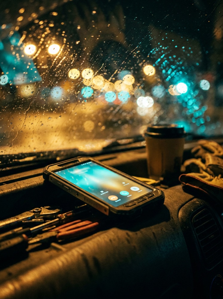 A phone ringing on a ute dashboard at night